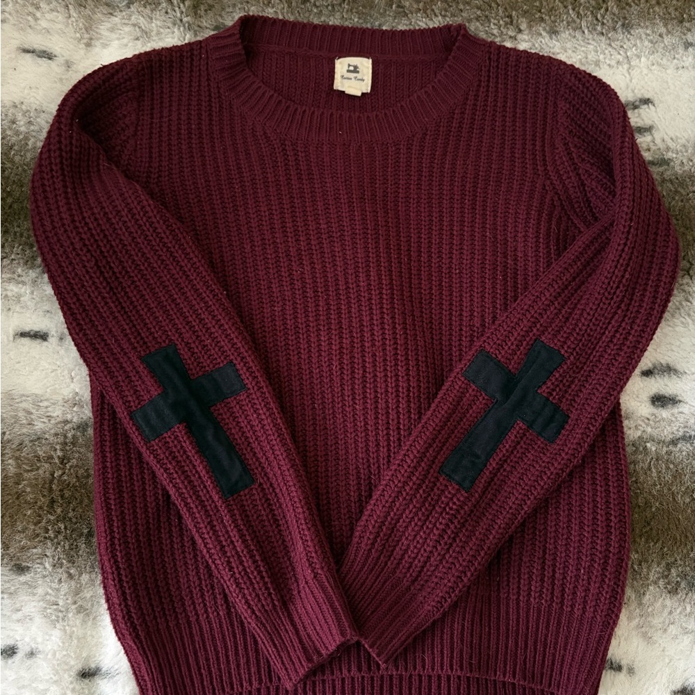 Burgundy Knit Sweater with Black Suede Elbow Cross Patches
